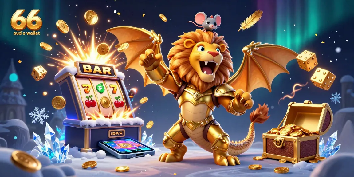 Engage with 66 aud e wallet in this energetic casino-themed illustration showcasing vibrant slots and characters.