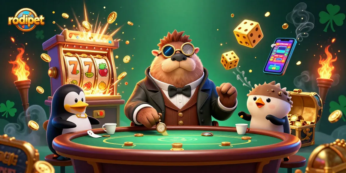 Rodipet slots game illustration featuring a walrus, penguin dealer, and pufferfish player at a dynamic poker table.