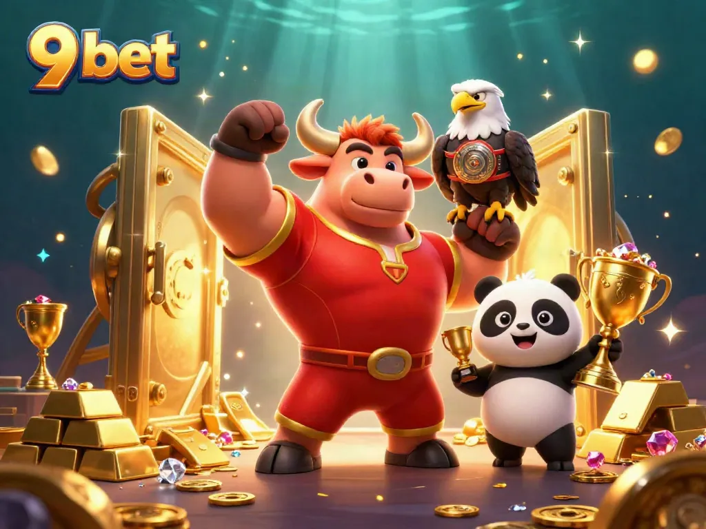 Engage with thrilling casino action at 9 bet, featuring a victory pose by a bull mascot amidst treasure visuals.