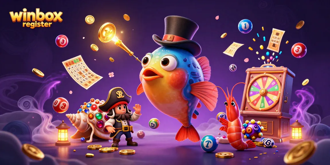 Winbox register with a glowing anglerfish attracting coins and vibrant gambling elements in a lively sea scene.