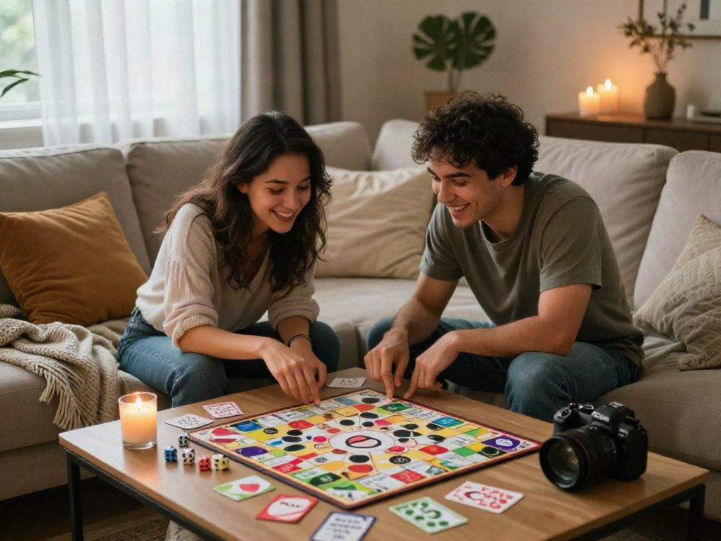 Couple enjoying a playful sex game in a cozy living room setting, surrounded by romantic ambience and game elements.