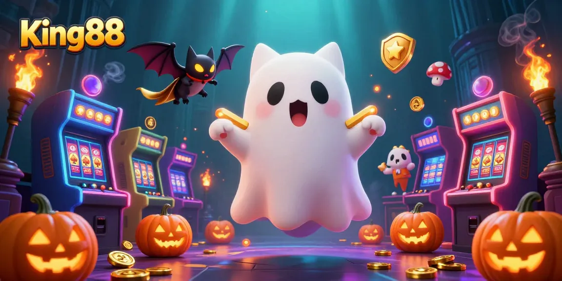 Experience king88's vibrant online casino world with a ghost cat and bat in an enchanting setting.