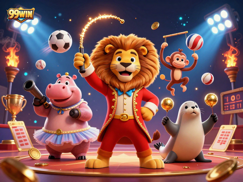 Experience thrilling gameplay at 99WIN with an ultra-detailed circus casino scene brimming with excitement.