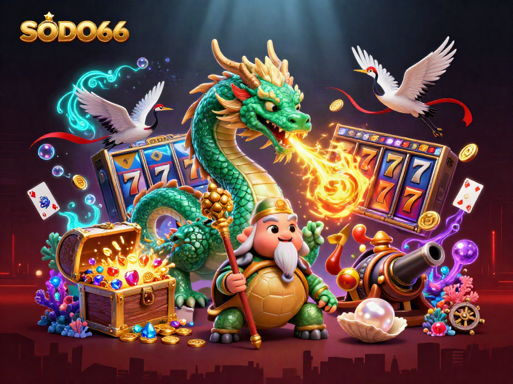 SODO66 casino illustration showcasing vibrant 3D dragon and gaming elements for exciting gameplay.