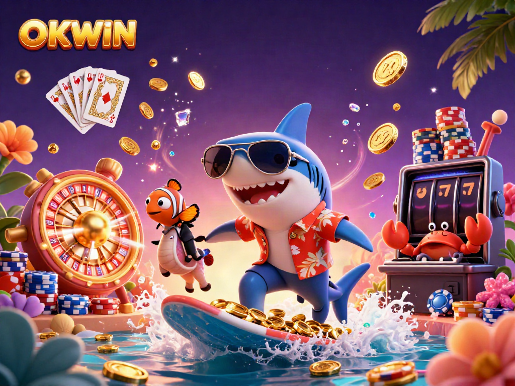 Join the fun and excitement with OKWIN's vibrant casino illustration featuring playful characters and gaming elements.