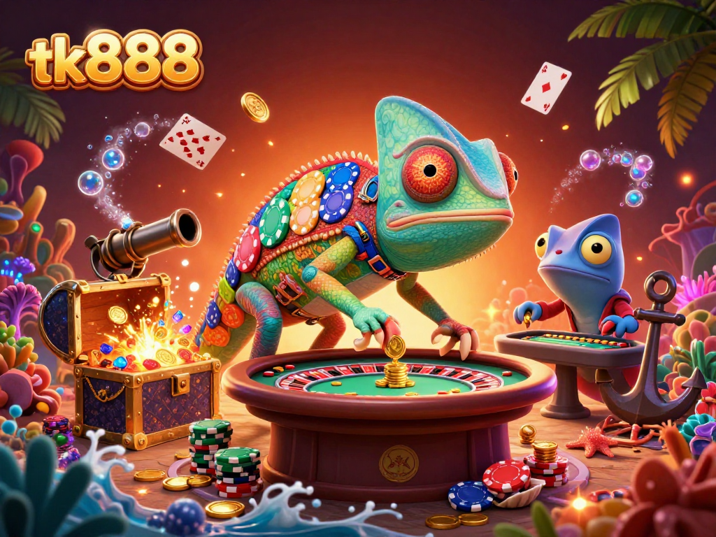 tk888 chameleon casino owner capturing golden coins in a vibrant gambling scene.