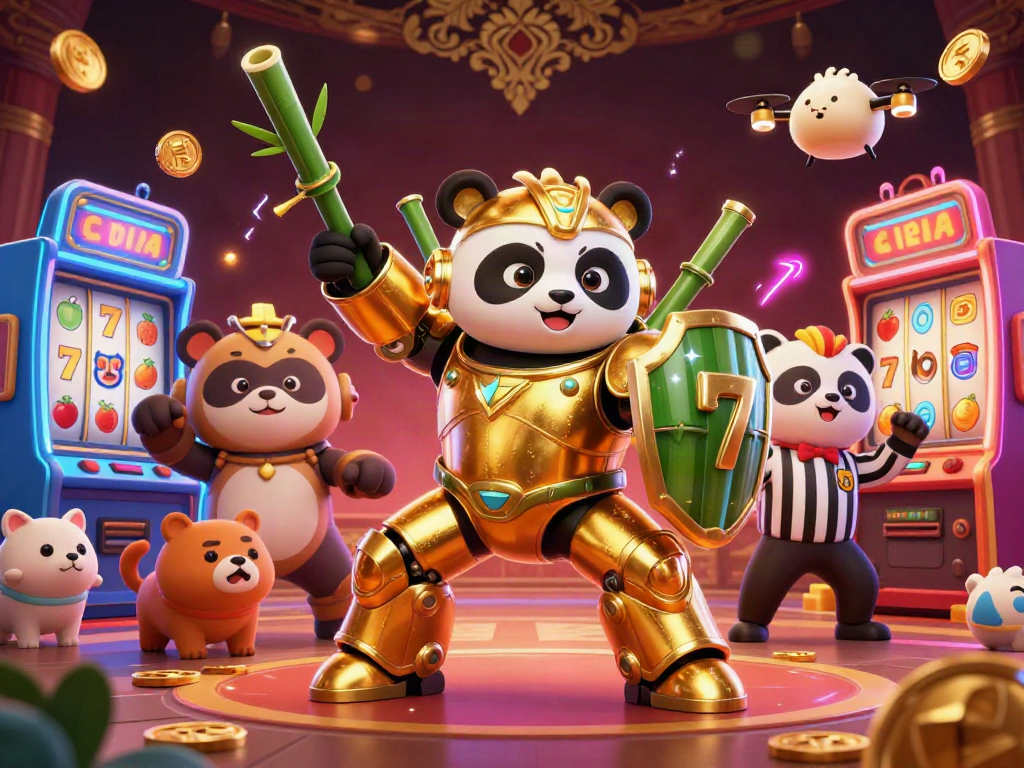Engage with TK88's animated golden panda in a vibrant casino setting, showcasing dynamic slot games.