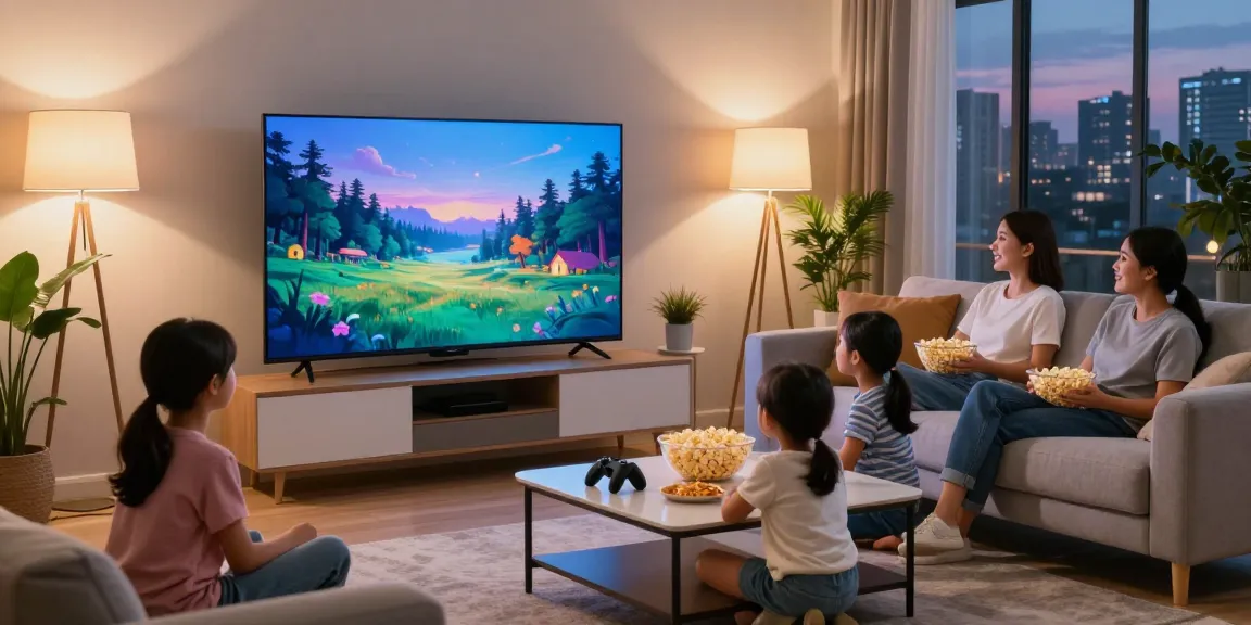 Family enjoying movie night with a mini LED TV in a cozy living room setting, showcasing vibrant colors and modern design.