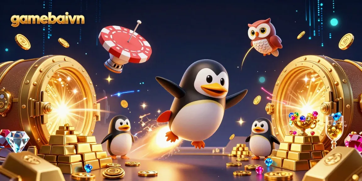 Join the adventure with gamebaivn's golden penguin as it soars towards winning at the poker-themed casino.
