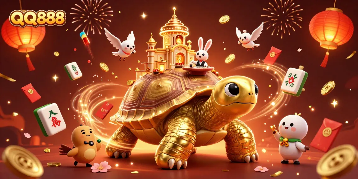Engage with QQ888's vibrant gaming atmosphere surrounded by golden coins and festive elements.