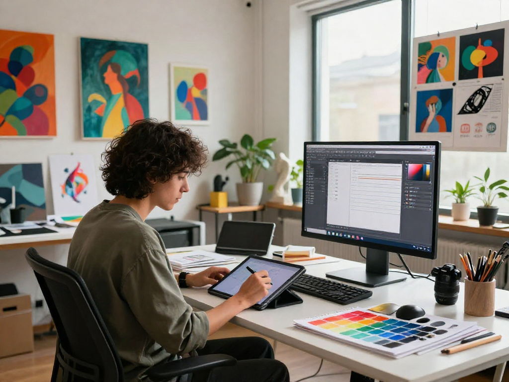 Artist designing vibrant digital art with nsfw ai themes in modern studio