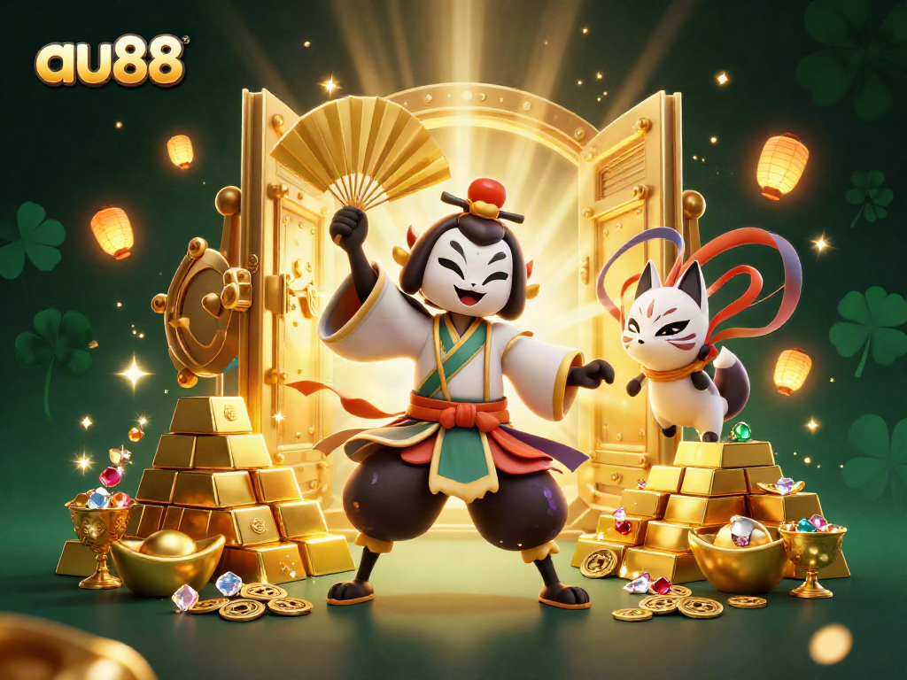 Experience the excitement of au88 with vibrant gaming characters, jewels, and cascading treasure.