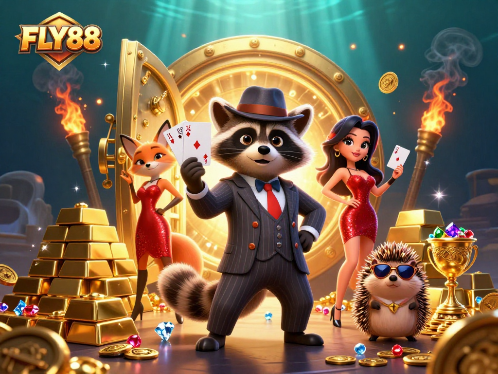 Join the excitement at FLY88 with a suave raccoon holding a royal flush amidst jewels and gold.