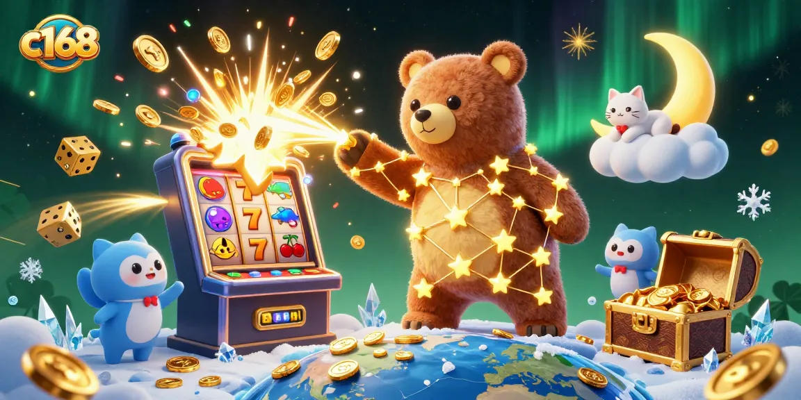 Experience the thrill of c168's games with illustrated characters and vibrant slot machine action.