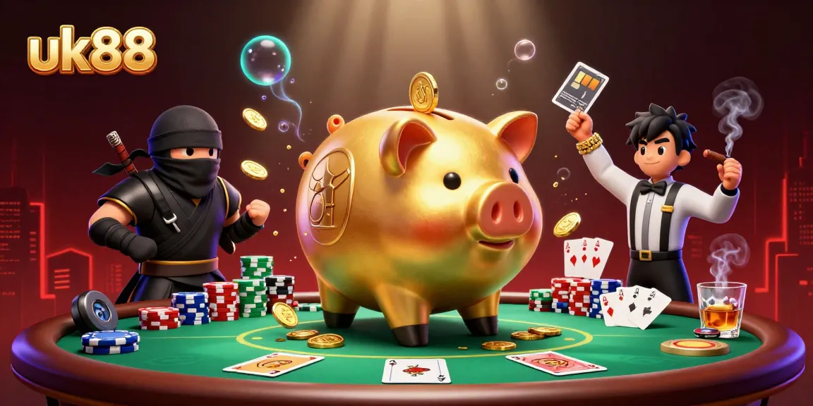 Engage with uk88's exciting casino games, featuring golden piggy banks and poker scenes.
