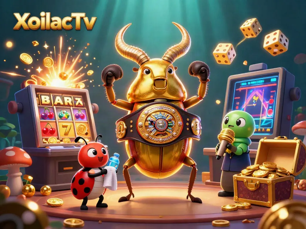 XoilacTv presents vibrant 3D illustration of golden beetle boxer surrounded by dynamic casino elements