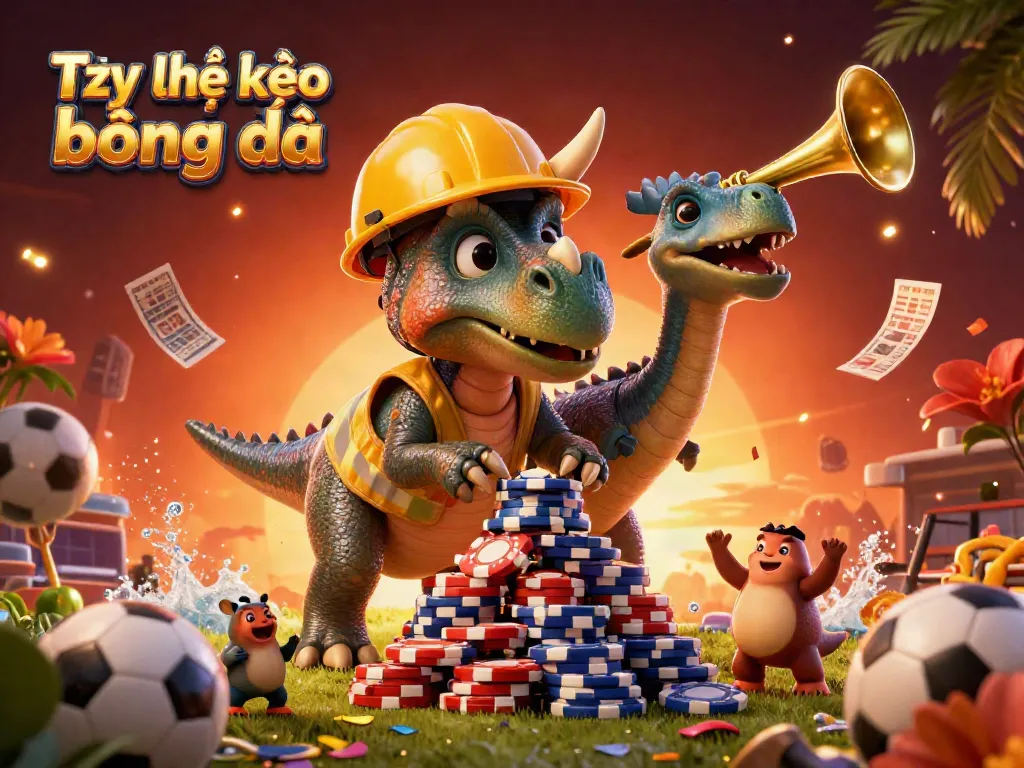 Tỷ lệ kèo bóng đá celebration scene highlighting sports betting excitement with cartoon dinosaurs.