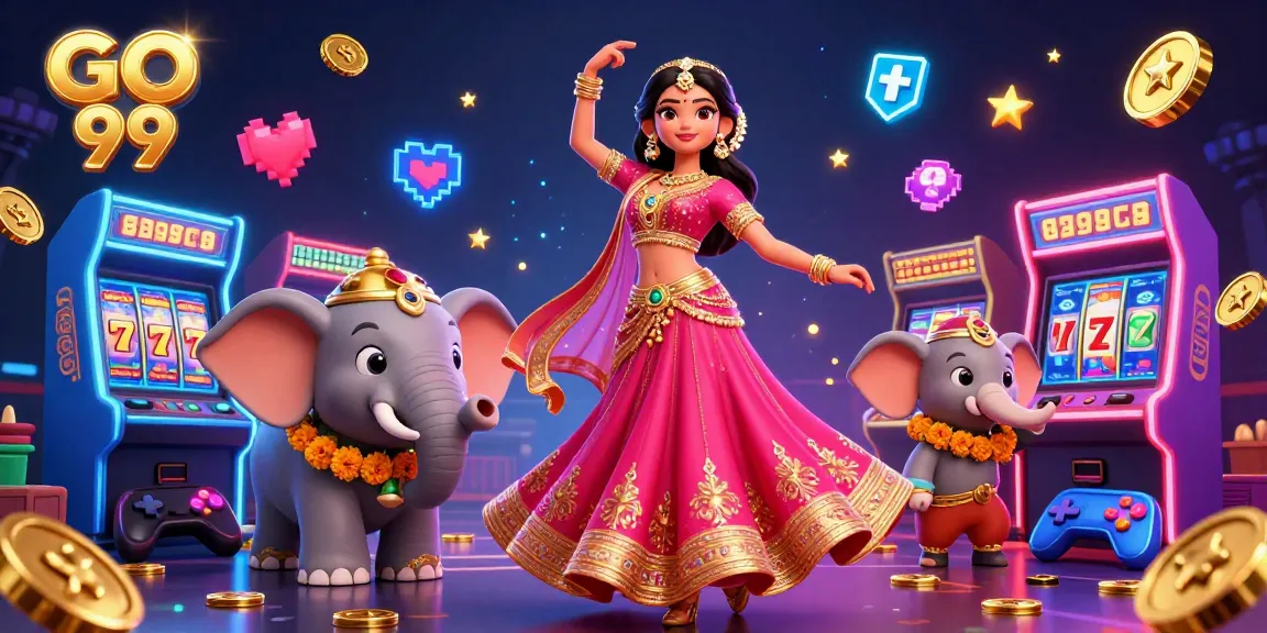 Engage with GO 99's vibrant casino theme, showcasing dynamic gambling elements and festive characters.