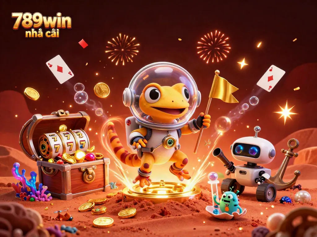 Engage with 789win nhà cái through this vibrant 3D illustration of a Martian gecko discovering a golden casino.