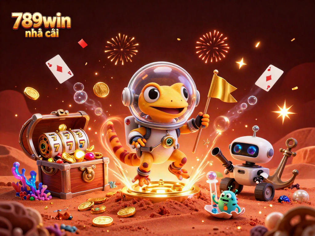 Engage with 789win nhà cái through this vibrant 3D illustration of a Martian gecko discovering a golden casino.