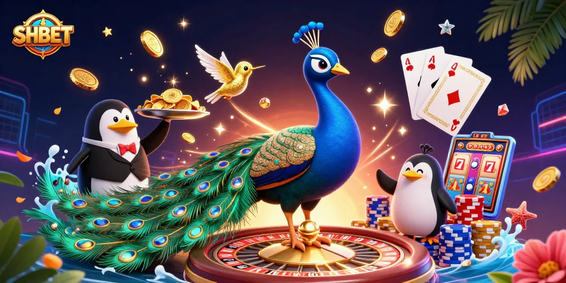 Engage in thrilling gameplay at SHBET with a vibrant peacock and captivating casino elements.