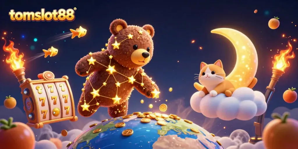 Experience tomslot88 excitement with a dazzling 3D scene of jackpot symbols, a constellation bear, and vibrant gaming elements.