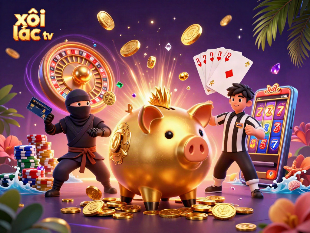 Engaging scene of xôi lạc tv showcasing a golden piggy bank sumo wrestler amidst casino excitement.