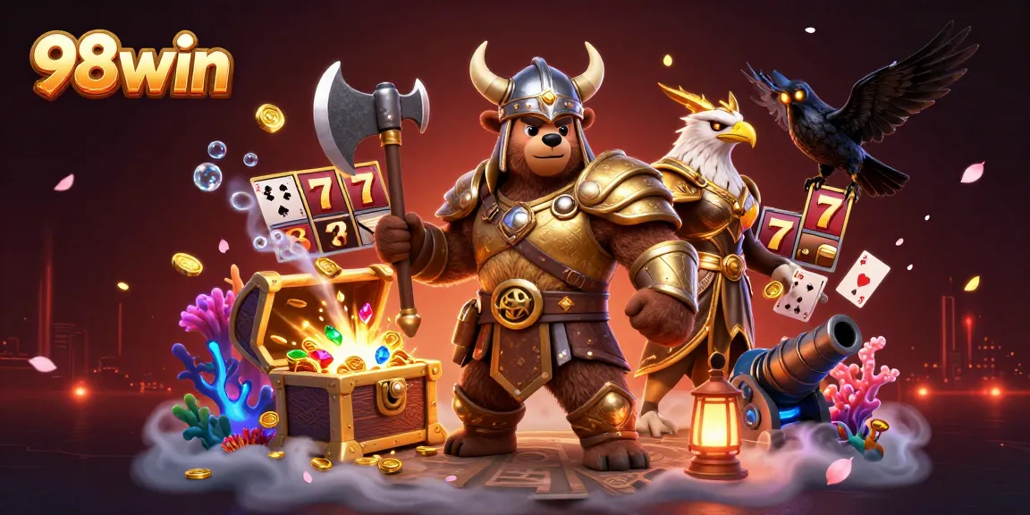Experience thrilling gameplay with 98win's exciting slots, surrounded by rich treasure and style.