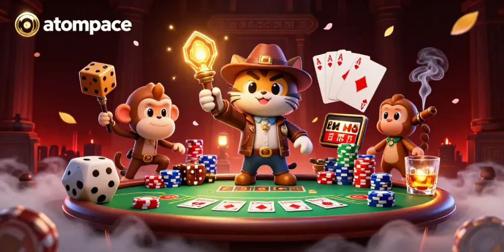 A 3D cartoon scene showcasing atompace's vibrant casino themes, featuring an archaeologist cat and monkey companion interacting among poker elements.