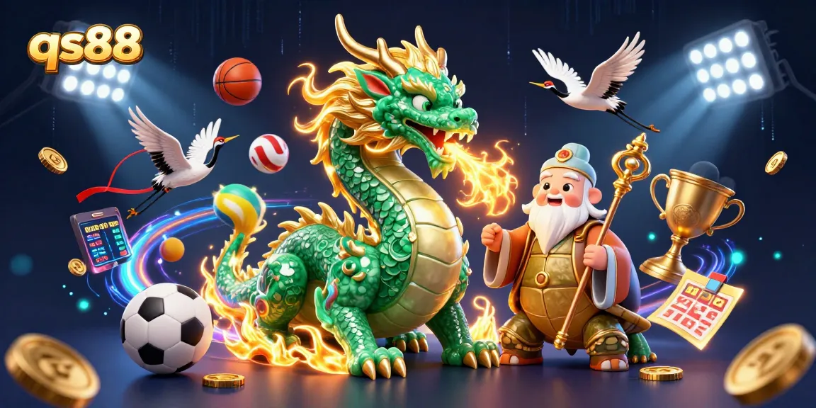 qs88 showcases a vibrant illustration with a jade dragon, turtle sage, and lucky cranes in a rich casino environment.