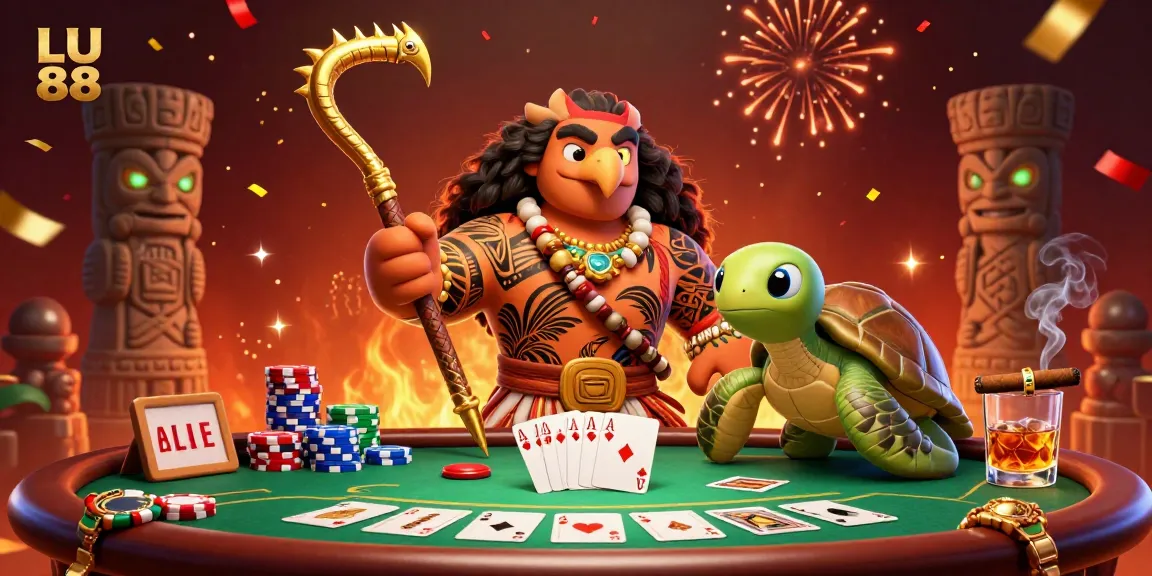 Experience thrilling gameplay with LU 88's vibrant poker scene featuring a demigod hawk and turtle at the casino.