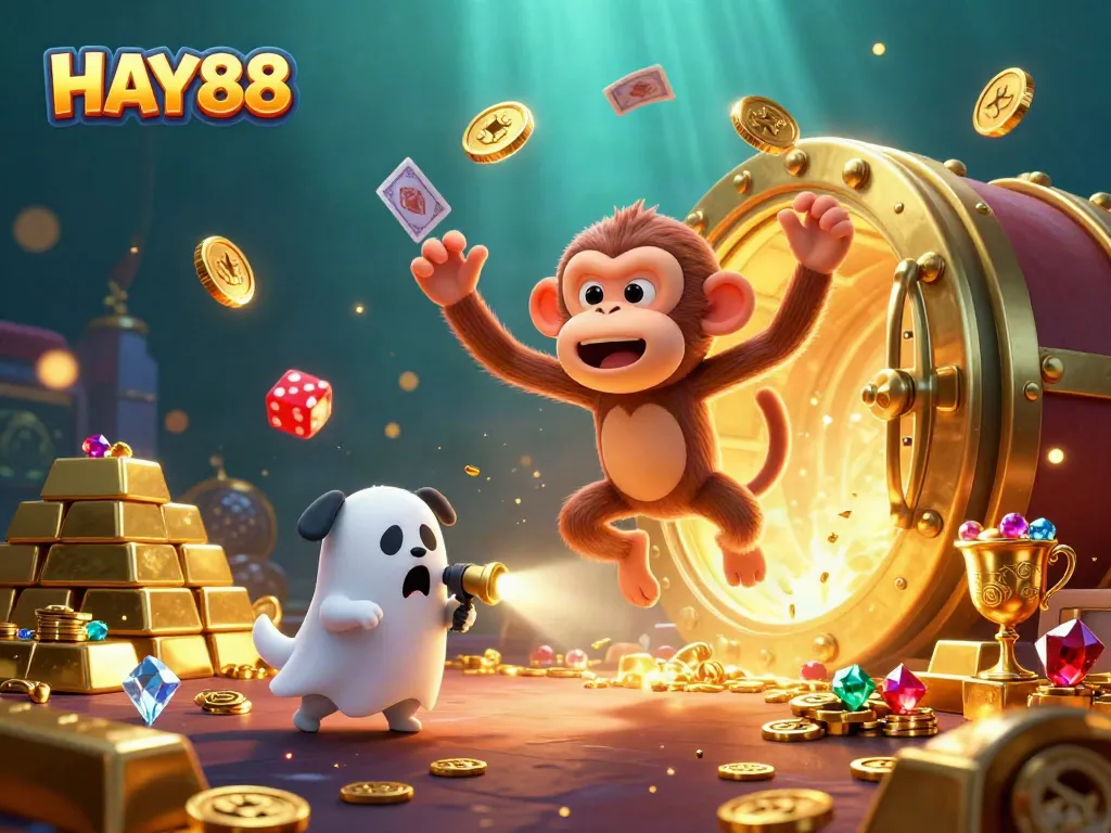 Join HAY88's vibrant haunted casino escapade with a playful ghost and a treasure-hunting puppy.