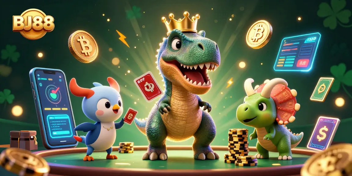 Engage with BJ88 in this vibrant casino scene featuring a friendly T-Rex shuffling cards while a triceratops stacks chips.