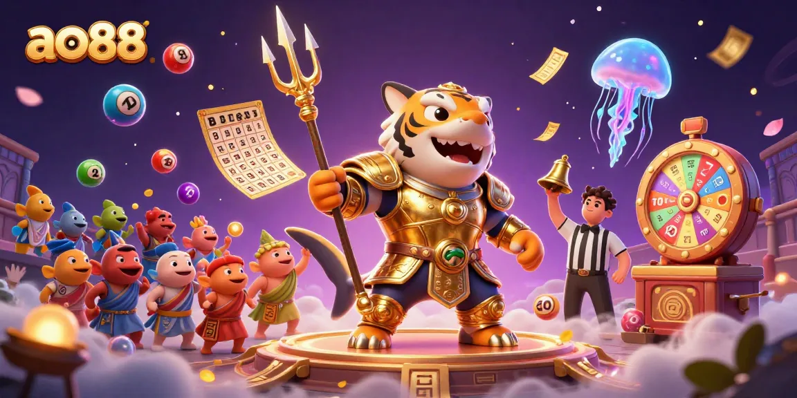 Experience the excitement of ao88 with a tiger shark gladiator in a vibrant casino scene.