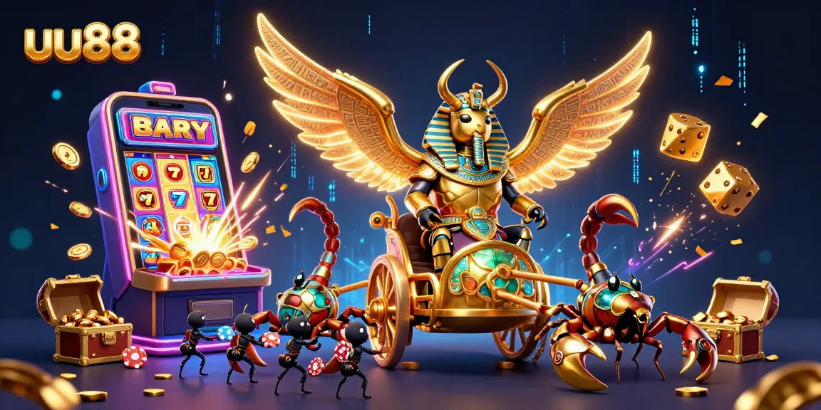 Engage with uu88 through a vibrant casino scene featuring dynamic characters, slot machines, and golden treasures.