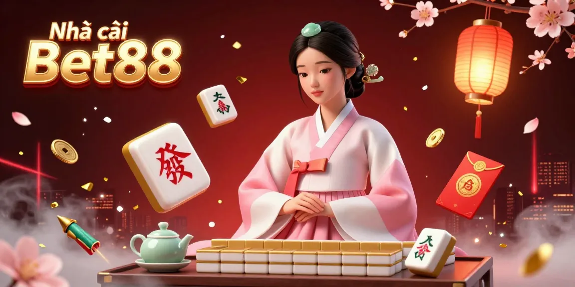 Experience the thrill at Nhà cái Bet88 with vibrant mahjong tiles and festive elements in an energetic casino scene.