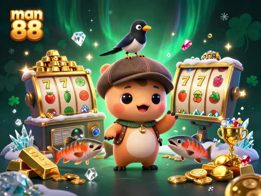 Engage with man 88's vibrant gaming scene featuring a playful Nessie with jewels and slot elements.