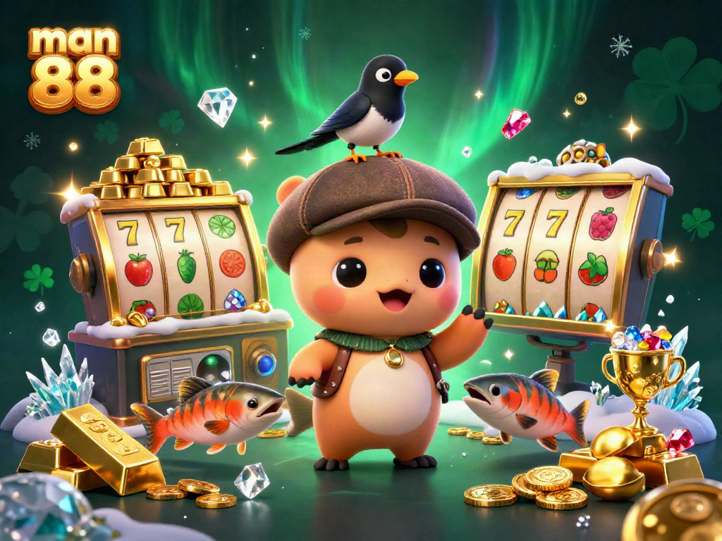 Engage with man 88's vibrant gaming scene featuring a playful Nessie with jewels and slot elements.