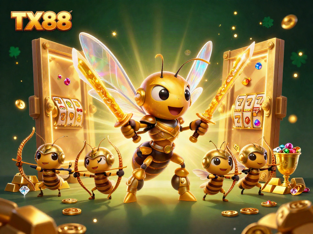Engage with TX88 in an electrifying casino scene featuring a hornet samurai and treasure-themed elements