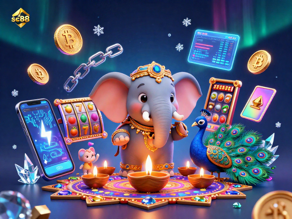 Engage with sc88 as a vibrant casino scene features a Diwali-themed elephant and crypto elements.