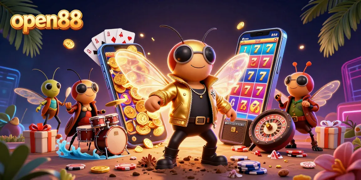 Experience open88's thrilling slots with vibrant 3D casino illustration showcasing game excitement.