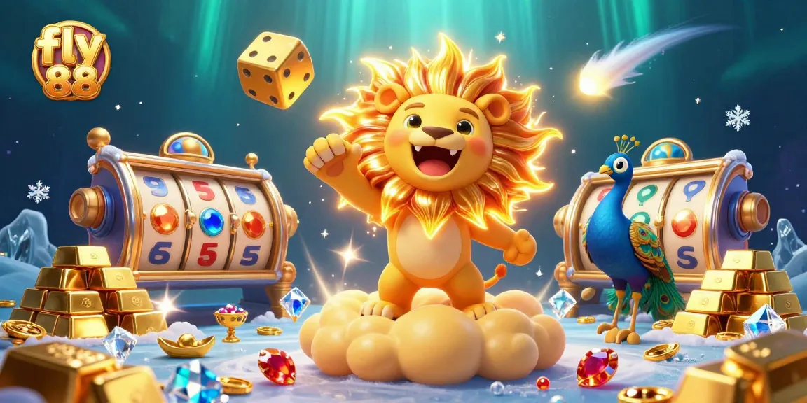 Engage in exciting games at fly 88, featuring vibrant visuals and dynamic slot reels amidst a thrilling casino atmosphere.
