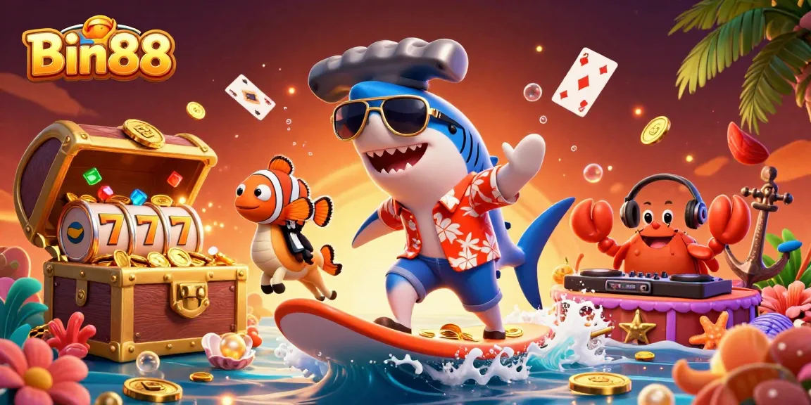 Experience thrilling wins with Bin88 at this vibrant 3D casino-themed illustration.