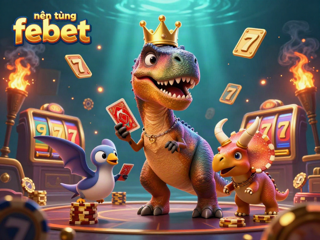 Engage with the vibrant nền tảng febet as cartoon characters shuffle cards and stack chips in a lively casino scene.