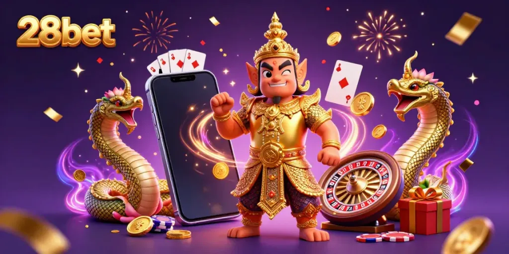 Experience the excitement of betting with 28bet’s vibrant 3D casino illustration featuring thrilling gaming elements.