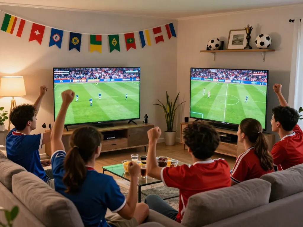 Gavangtv fans enjoying a live football match at home with excitement and snacks.