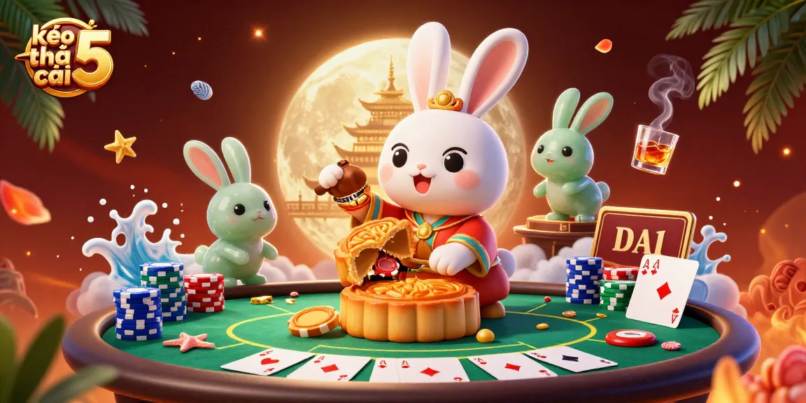 Experience the excitement of kèo nhà cái 5 with vibrant poker chips and moon rabbits on a lunar casino.