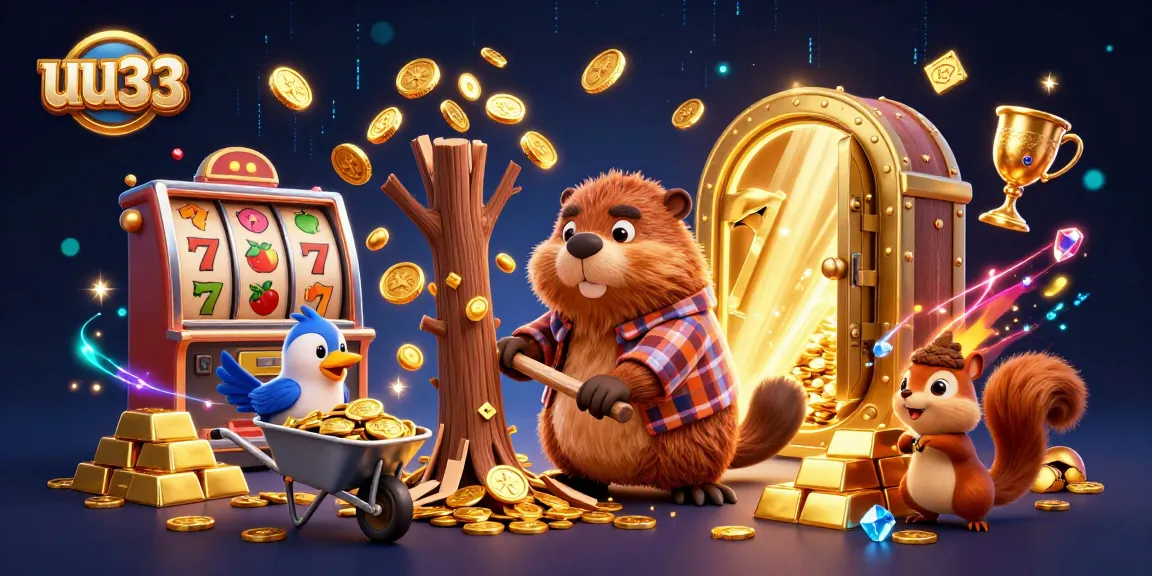 uu33 reveals a vibrant 3D scene with a beaver, bird, and squirrel celebrating casino riches.