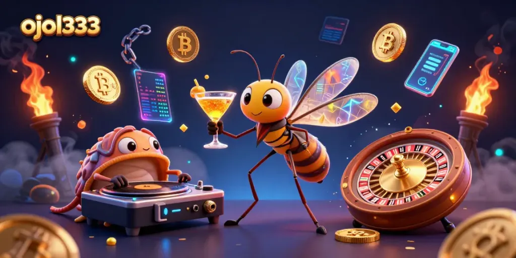 Engage with ojol333's lively casino scene showcasing a frozen mosquito mascot and fossil DJ.