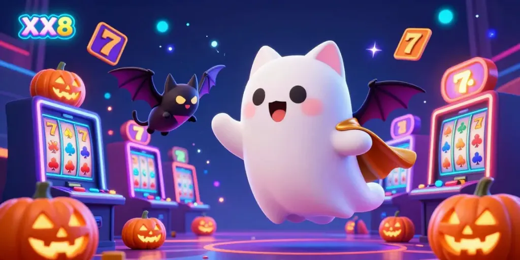 Experience the thrill of online gambling with XX8's vibrant casino scene featuring ghostly characters and colorful slot elements.